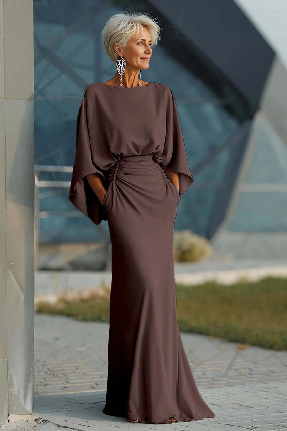 Satin Mermaid Boat Neck Dolman Deep V Back Maxi Wedding Guest Dress