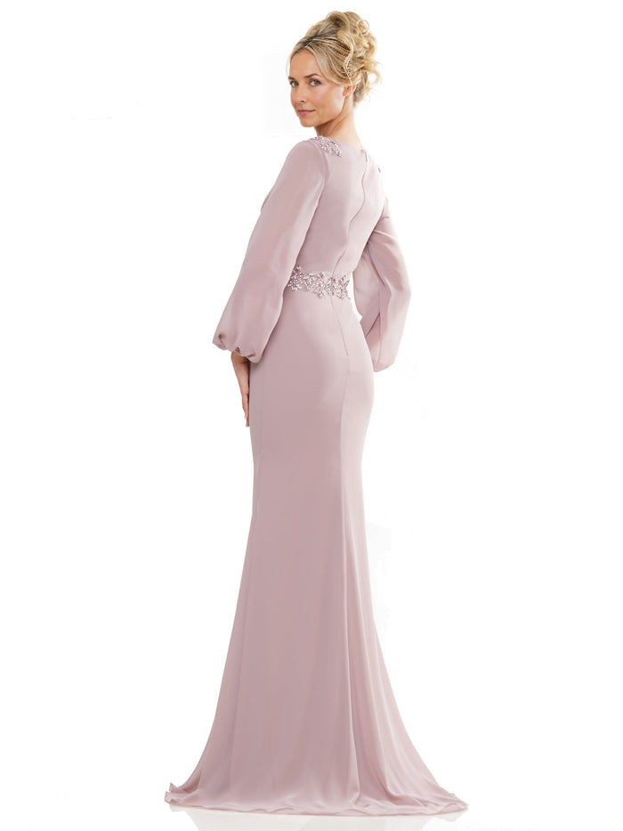 Women's V-Neck Long Sleeve Chiffon Mermaid Mother of the Bride Dress Evening Gown Sweep Train with Crystal Waist Belt