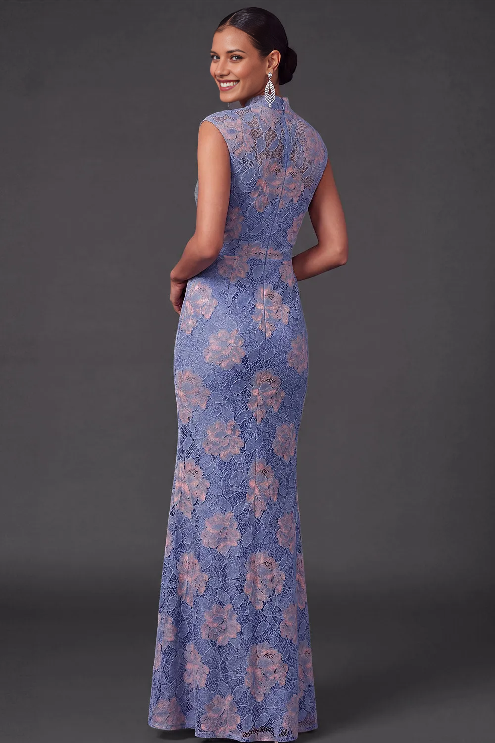 High Neck Cap Sleeve Two-Tone Floral Lace Mermaid Formal Maxi Dress