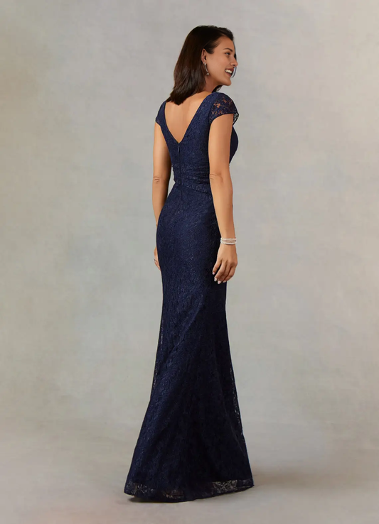 Cap Sleeve Lace Mermaid Evening Gown with High Slit - Formal Mother of the Bride & Wedding Guest Dress