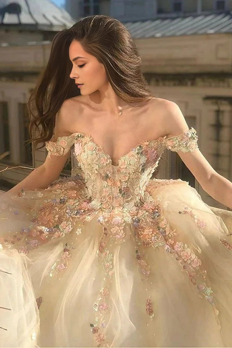 Champagne Ballgown Sweetheart Off-shoulder Short Sleeve Lace-up Back Sweep Train Quinceañera Dress