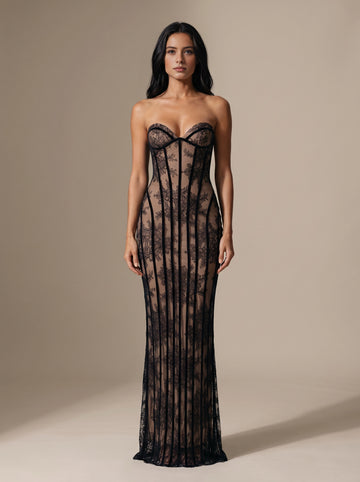Burgundy Mermaid Strapless Corset‑Lace‑Up‑Back Slit Prom Dress