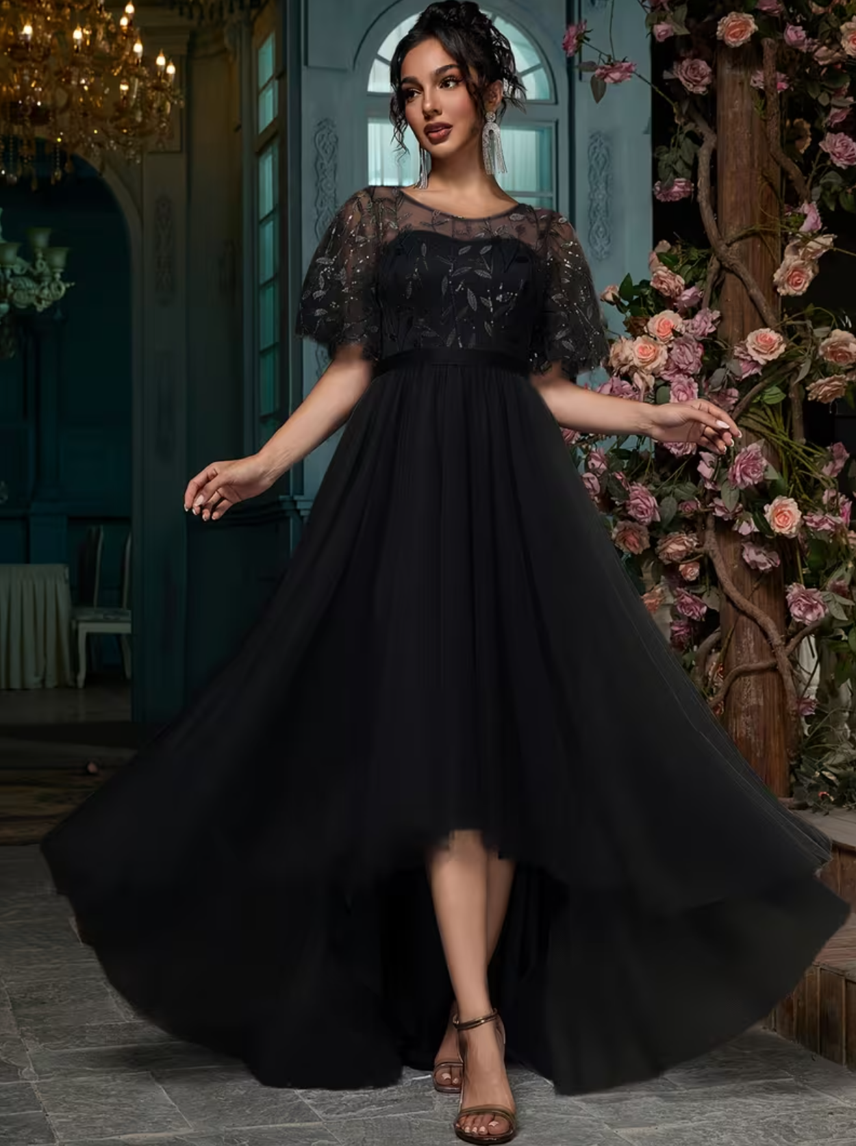 A-Line Bridesmaid Dress Mesh Party Maxi for Wedding Guest Round Neck Ruffle Sleeve Sequins Embroidery Prom Dresses