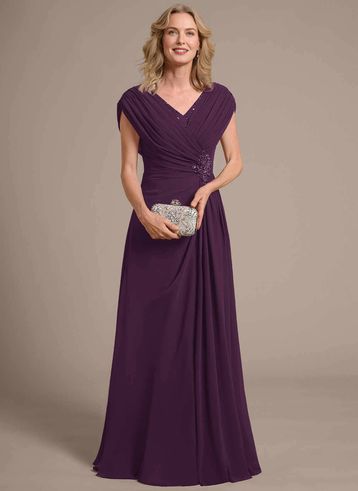 Classic A‑Line V‑Neck Cap Sleeve Zipper Back Floor‑Length Mother Of The Bride Dress