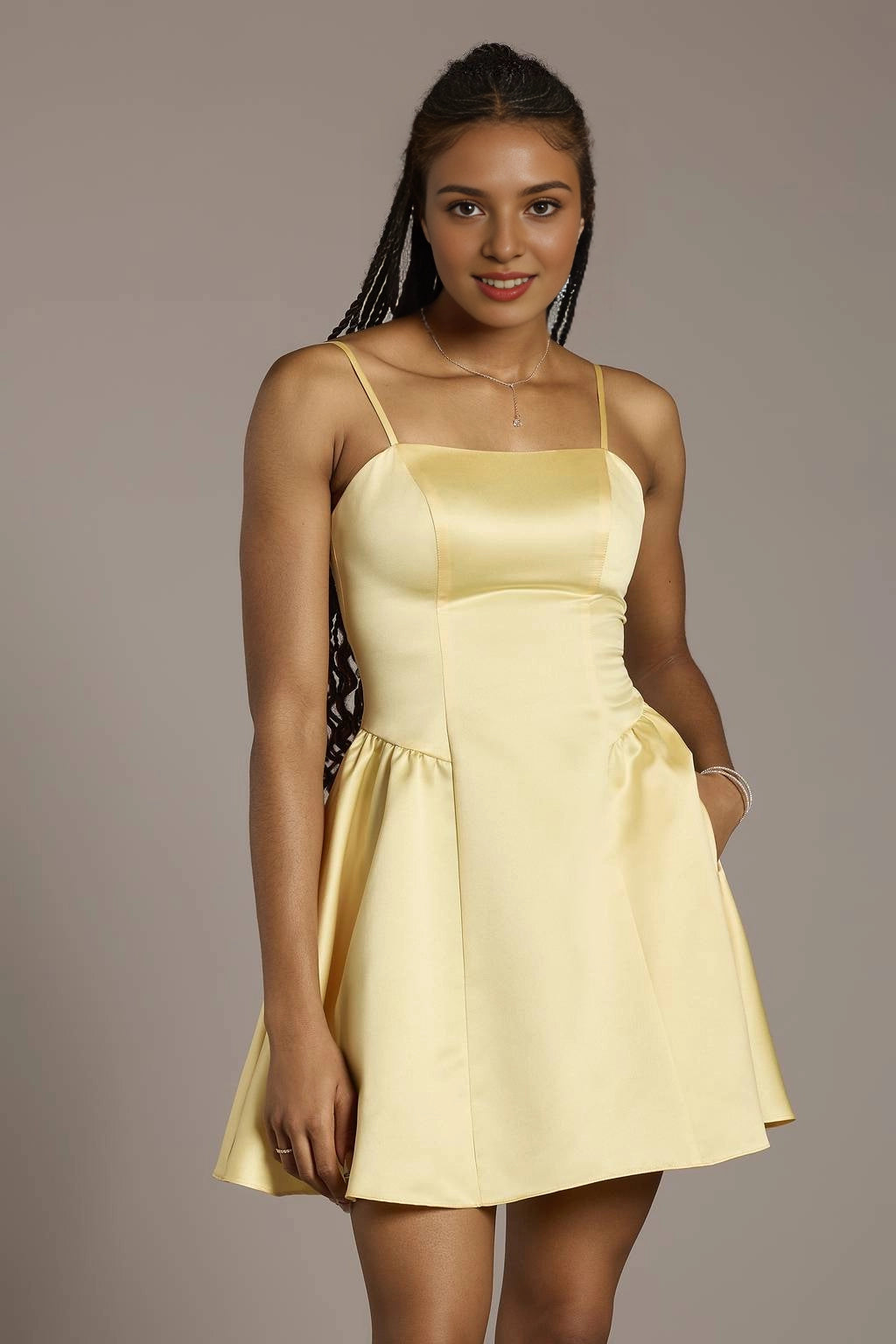 Yellow Satin A Line Square Spaghetti Strap Zip Back Mini Homecoming Dress