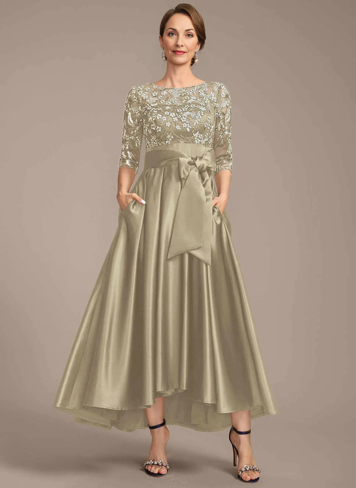 Gorgeous A‑Line Round‑Neck Elbow‑Sleeve Zip‑Back Hi‑Lo Mother Of The Bride Dress