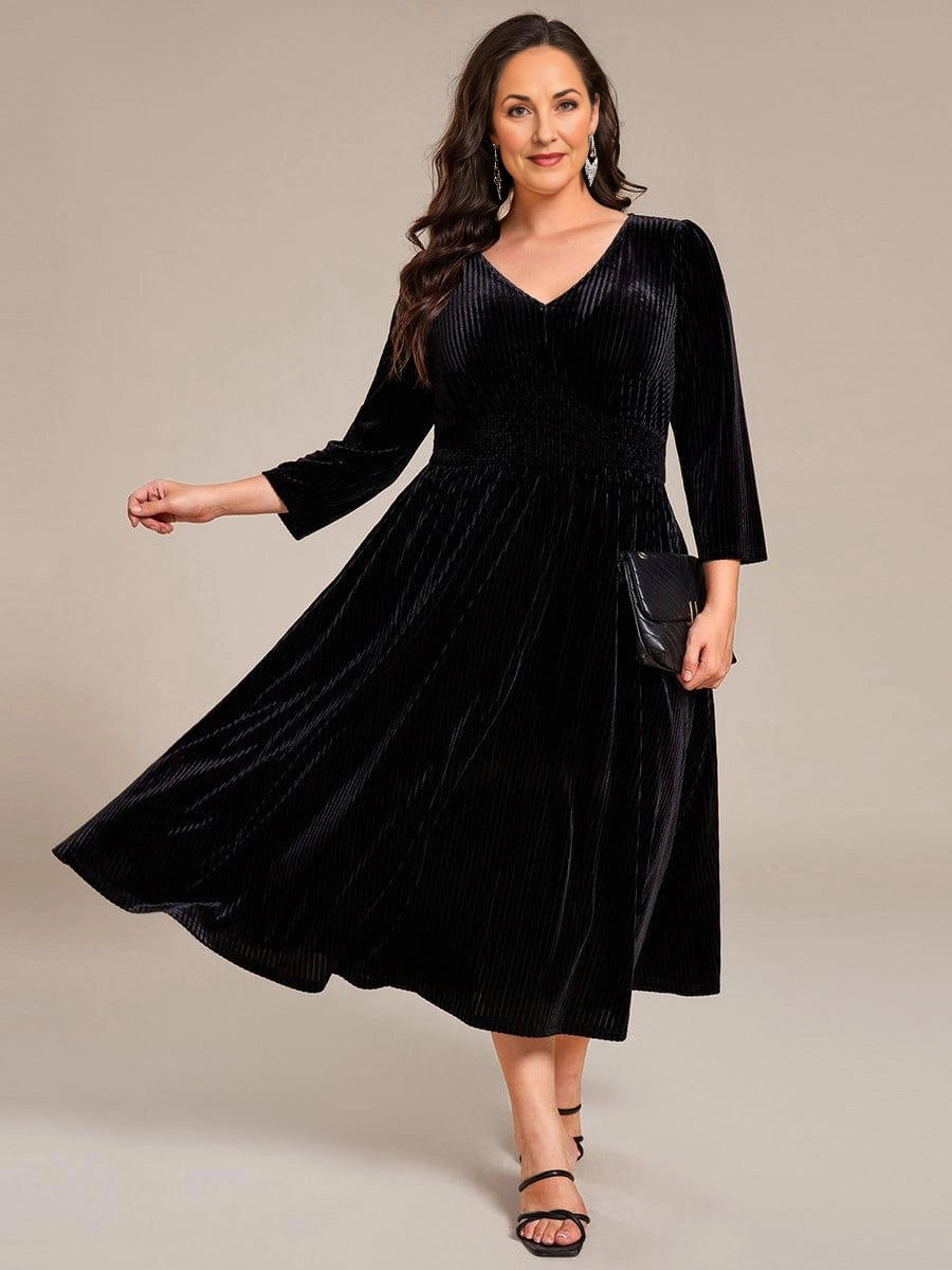 Luxury A‑Line V‑Neck 3/4 Sleeve Plain‑Back Midi Plus Size Mother Of The Bride Dress