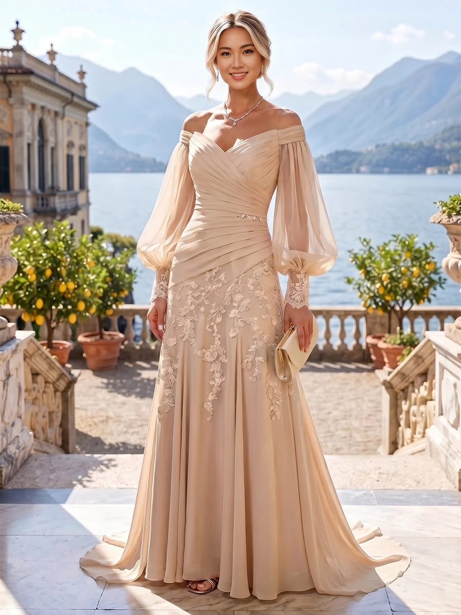 Romantic Mermaid Off-Shoulder Puff-Sleeve Zip-Back Sweep-Train Plus Size Mother of the Bride Dress
