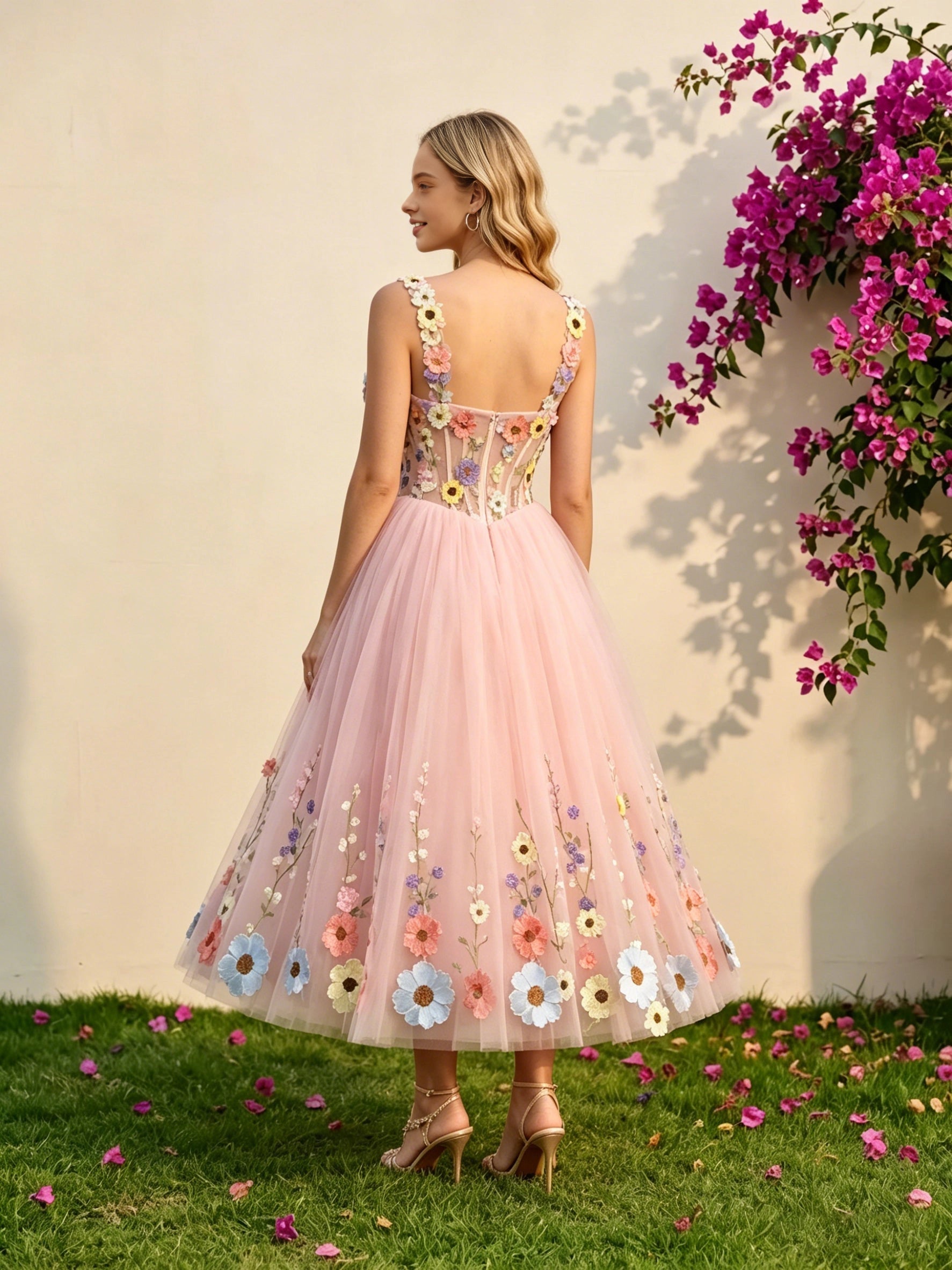 Back‑view Vedress corset open‑back handmade floral applique pink bridal gown