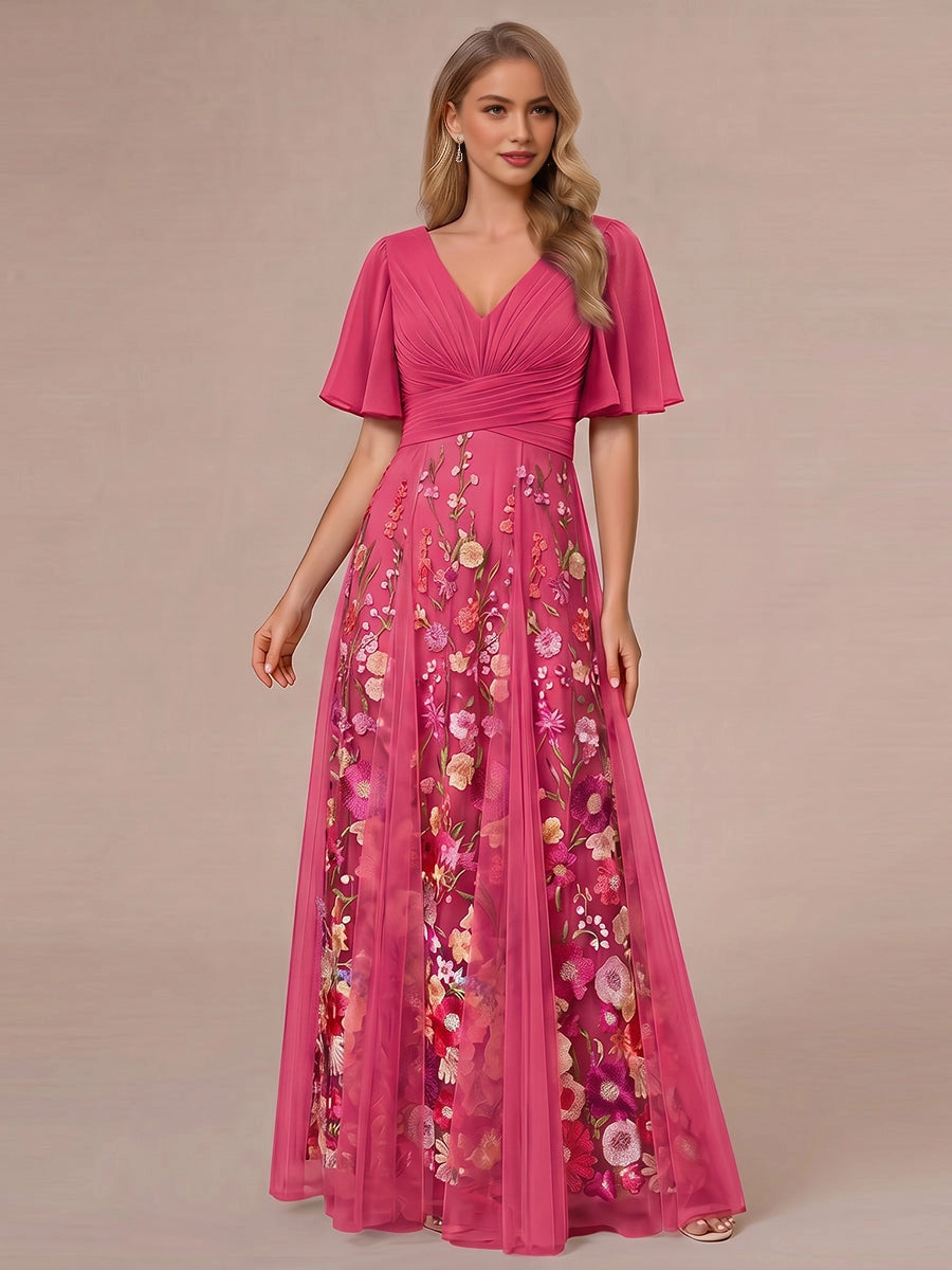 Charming Dusty Pink A-Line V-Neck Flutter-Sleeve V-Back Floor-Length Mother Of The Bride Dress