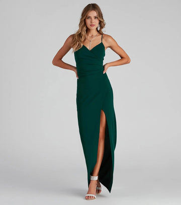 Vedress forest green deep v spaghetti strap long prom dress ruched high slit a-line formal gown