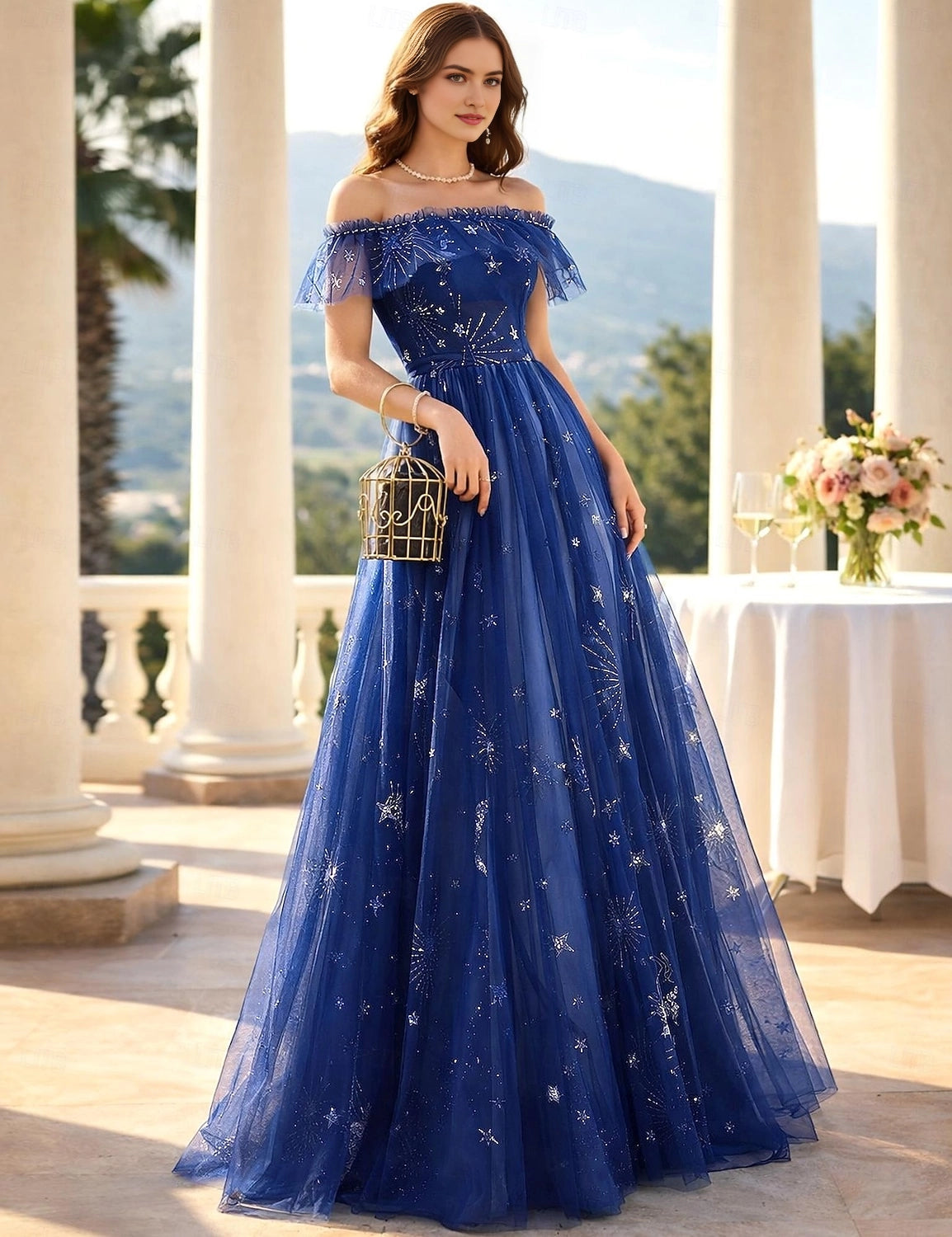 Elegant A Line Off Shoulder Strap Back Long Prom Dress