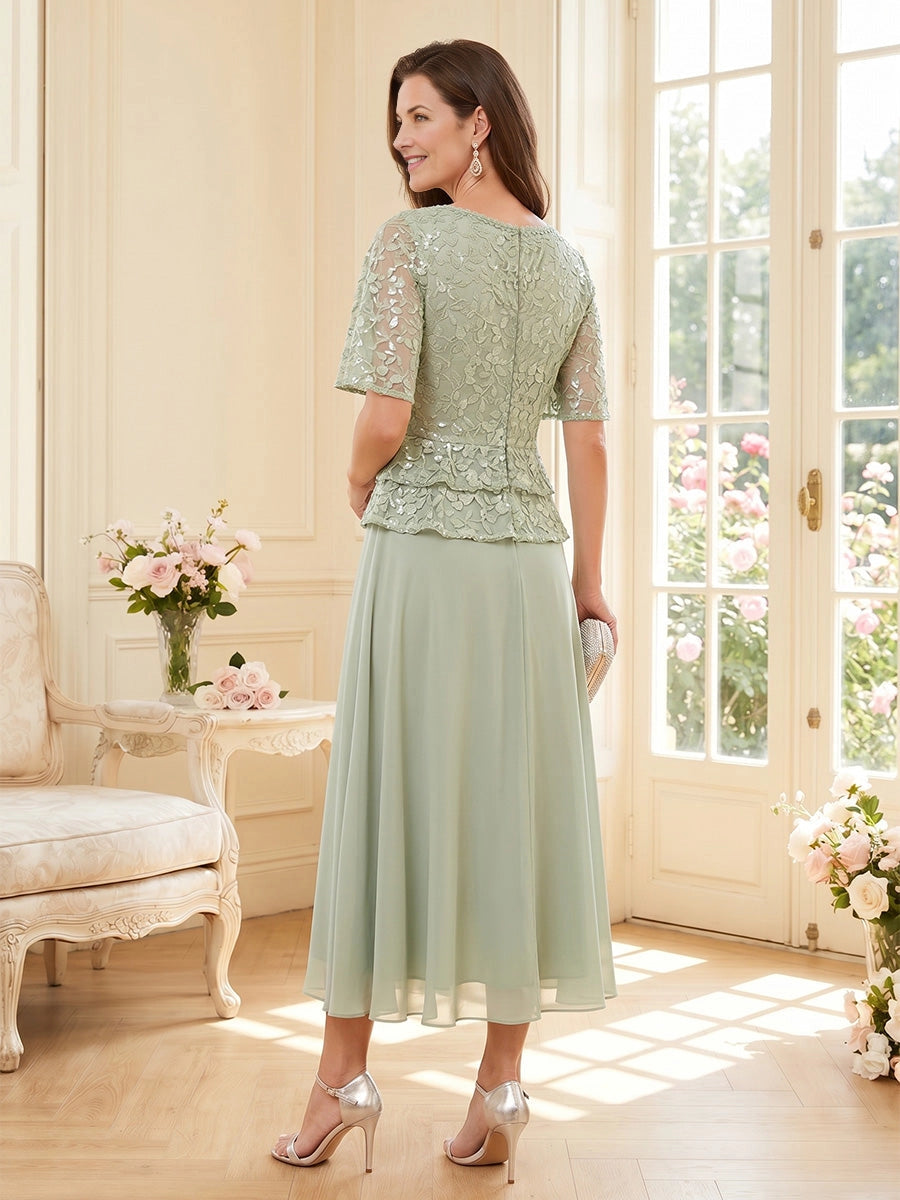 Back view sage green two‑piece look formal gown,lace peplum top,center zipper vedress