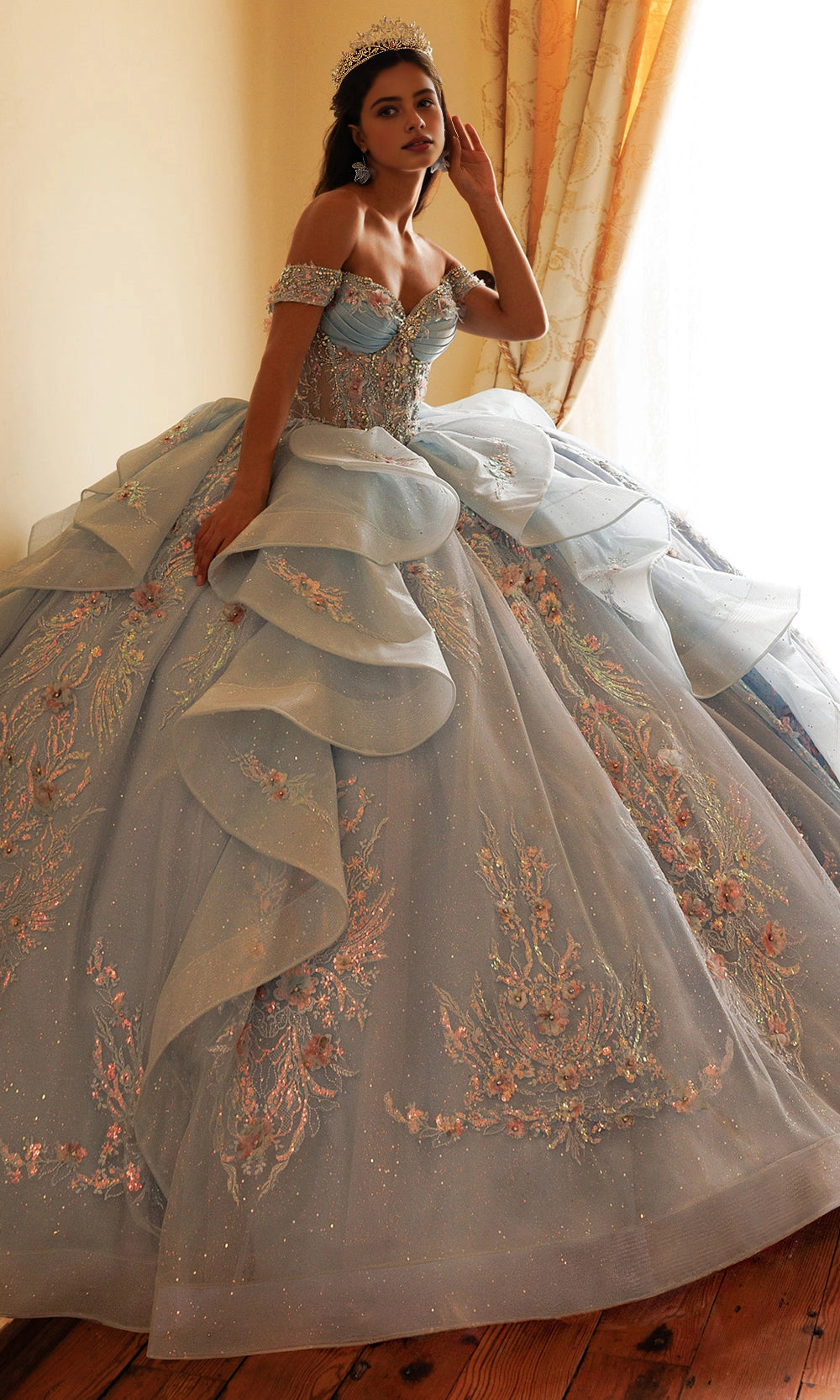 Ball Gown Off‑Shoulder Sweetheart Corset Back Big Bow Long Train Quinceanera Dress