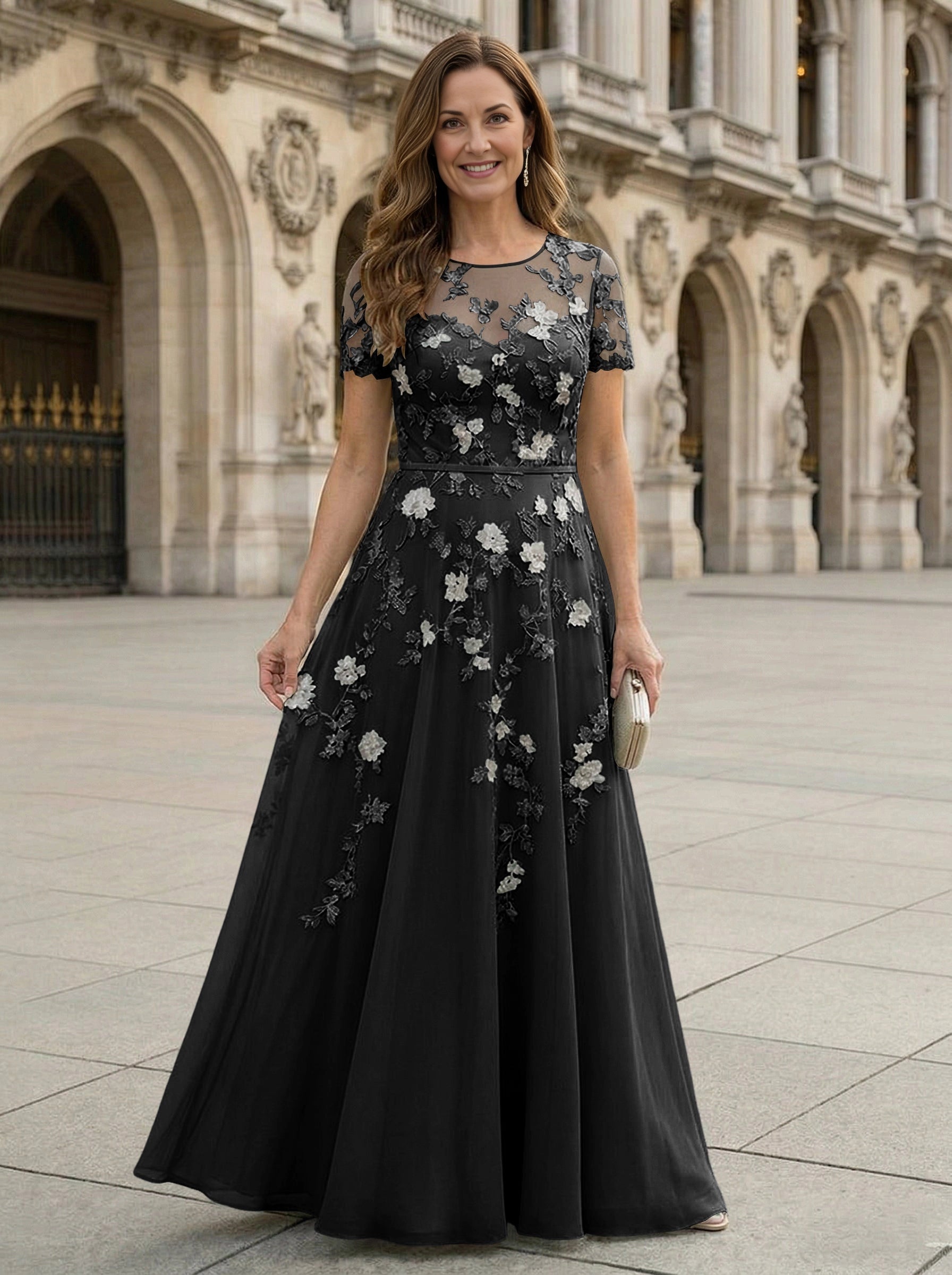 Elegant Sage A‑Line Round‑Neck Short‑Sleeve Zip‑Back Floor‑Length Mother‑of‑the‑Bride Dress