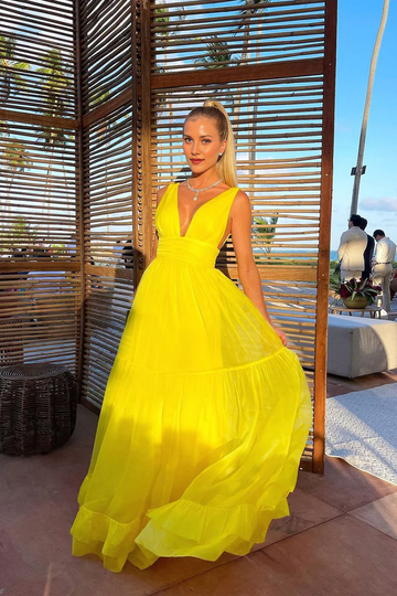Deep V-Neck Sleeveless Tiered Chiffon Floor-Length Maxi Dress