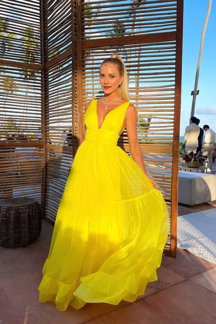 Deep V-Neck Sleeveless Tiered Chiffon Floor-Length Maxi Dress