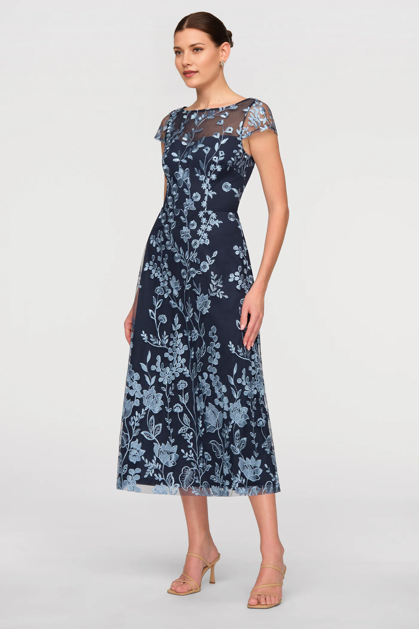 Refined A-Line Illusion Jewel Neck Cap Sleeve Embroidered Tulle Wedding Guest Dress Formal Dress