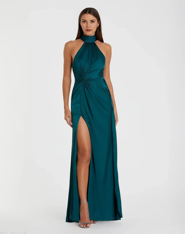 Halter Neck Twist Waist Satin Gown with Open Back & High Slit