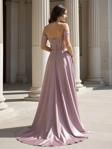 Vestido de noche de satén con abalorios, hombros descubiertos, espalda con cordones y abertura alta - Vestido formal para fiesta de graduación e invitada de boda