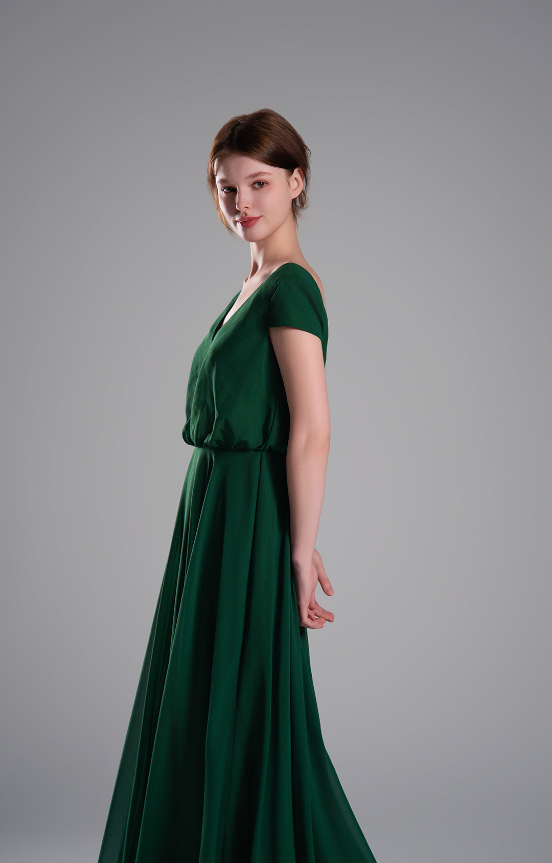 Elegant Chiffon Maxi Dress V Neck Cap Sleeve Flowy Evening Gown Wedding Guest Formal Bridesmaid Dresses