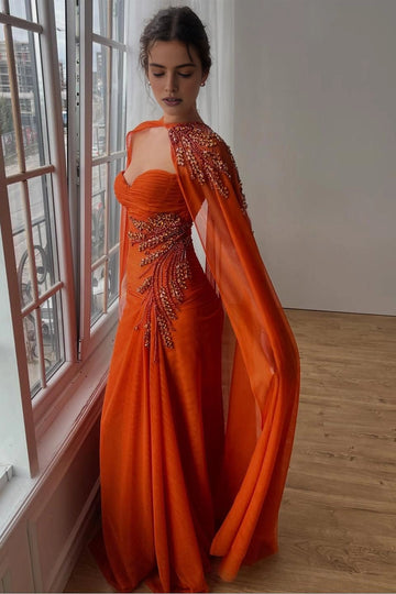 Glam Orange Mermaid Sweetheart Cape‑Sleeve Solid‑Back Floor‑Length Prom Dress