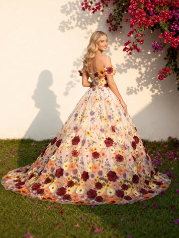 Back view Vedress solid‑back handmade floral applique off‑shoulder bridal gown with train