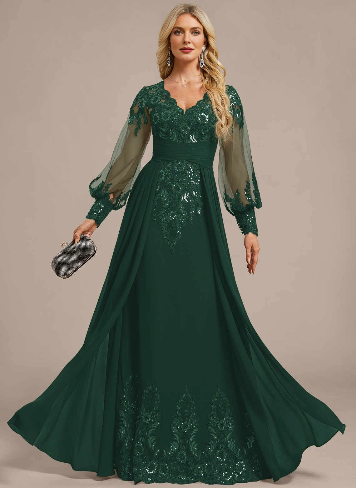 Gorgeous A‑Line V‑Neck Long Sleeve Zipper Back Floor‑Length Mother Of The Bride Dress