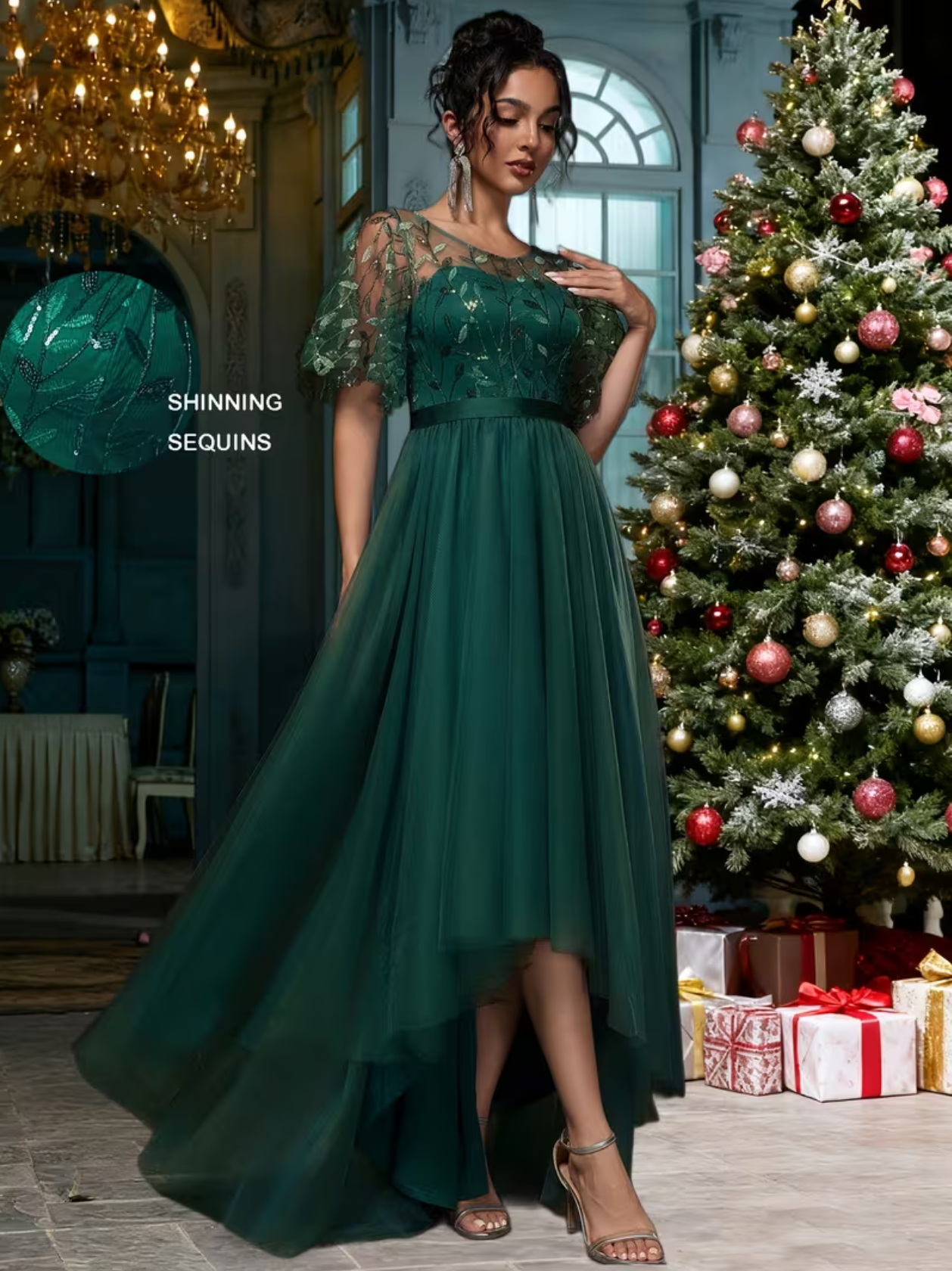 A-Line Bridesmaid Dress Mesh Party Maxi for Wedding Guest Round Neck Ruffle Sleeve Sequins Embroidery Prom Dresses