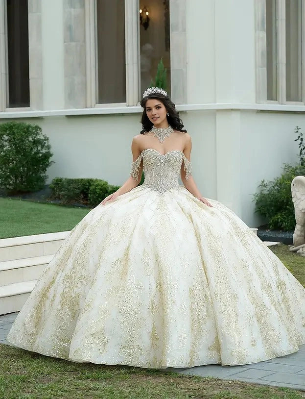Sparkle Ball Gown Sweetheart Off Shoulder Open Back Train Quinceañera Dress