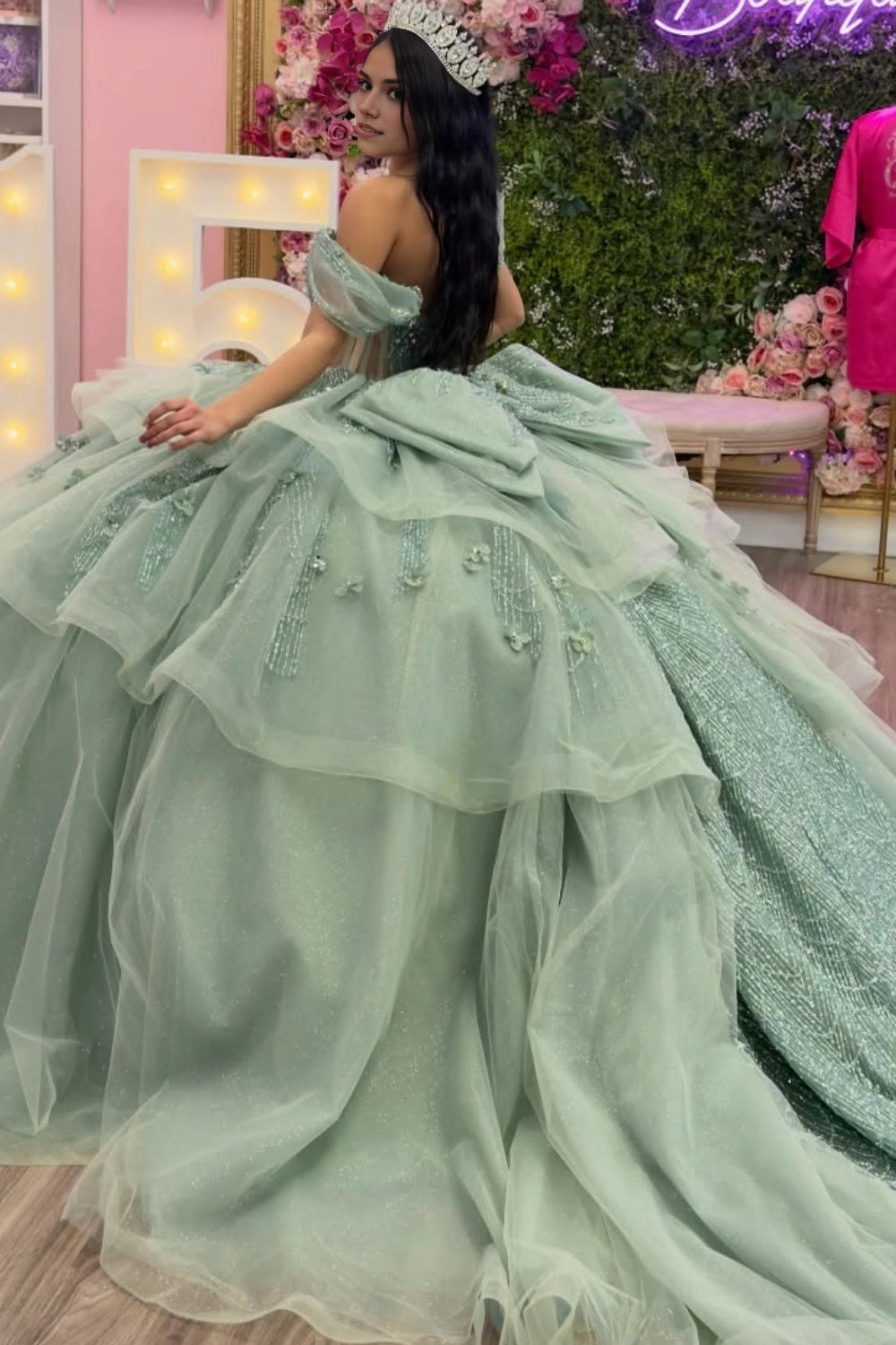 Sage Ball Gown Sweetheart Off‑Shoulder Corset Back Cathedral Train Quinceanera Dress