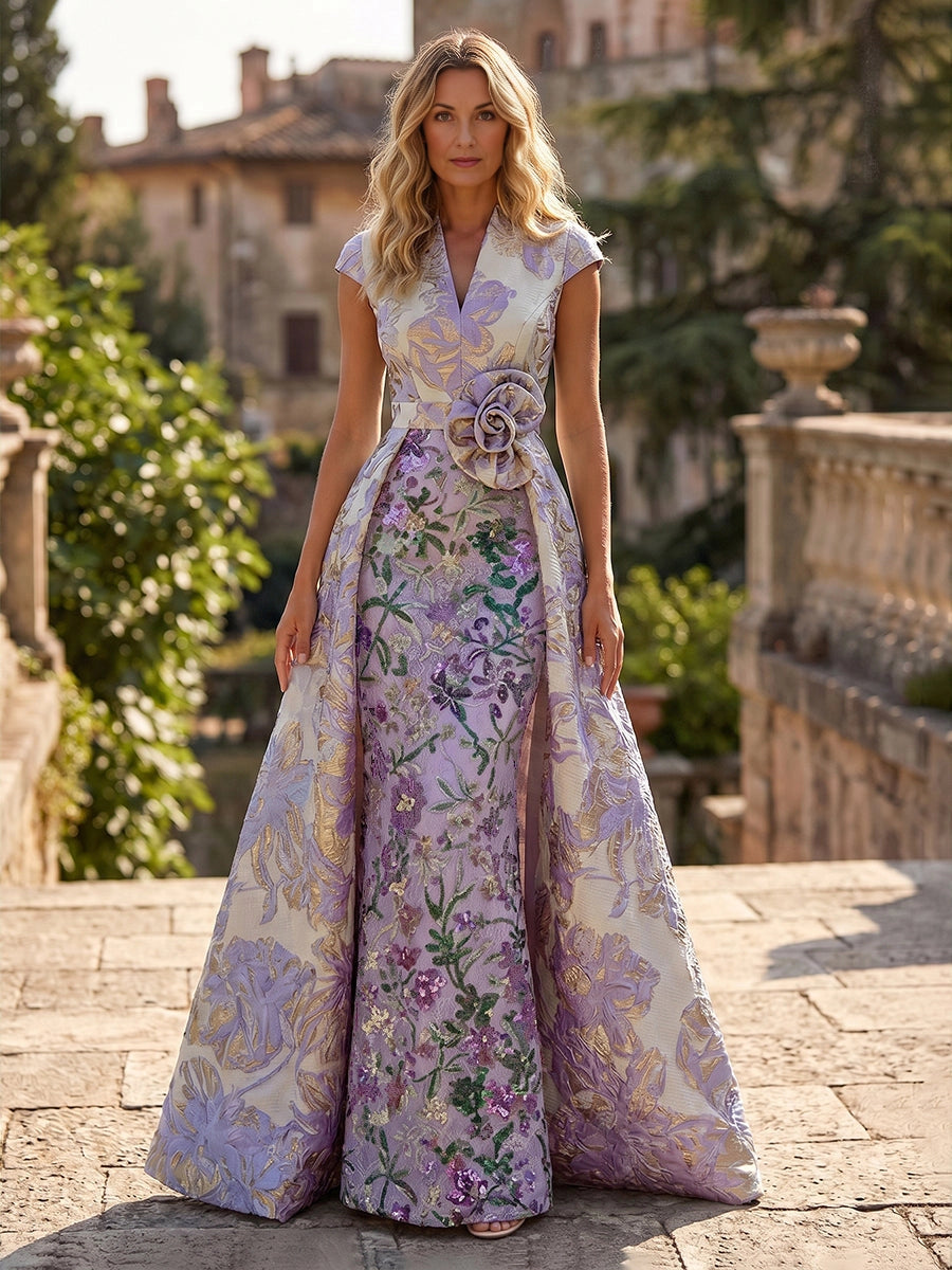 Luxury Blue‑Gold A‑Line V‑Neck Cap‑Sleeve Zip‑Back Floor‑Length Mother‑of‑the‑Bride Dress