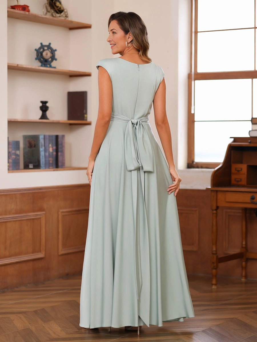 Back view sage green chiffon formal dress,tie bow at back waist,hidden zipper vedress
