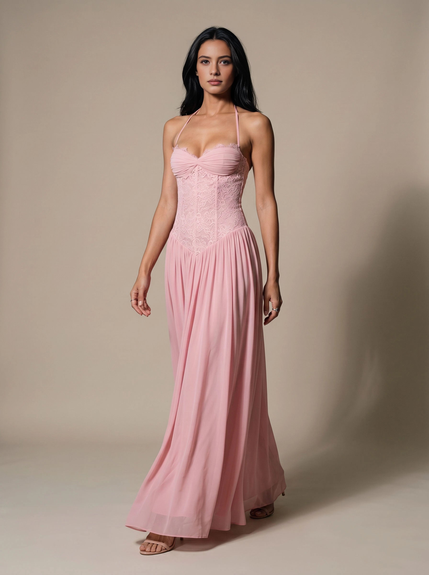 Dusty‑Pink A‑Line Halter Lace‑Corset‑Back Long Bridesmaid Dress
