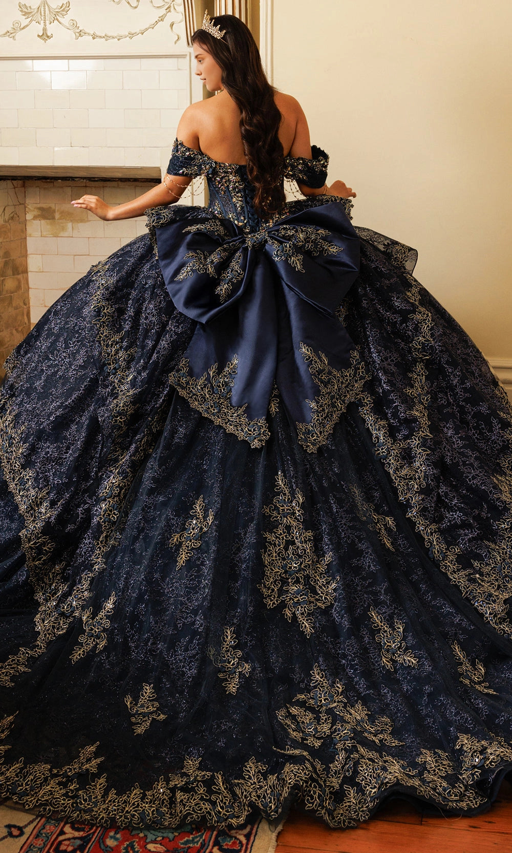 Vedress navy gold quinceanera dress lace‑up corset back satin big bow cathedral train ballgown back view