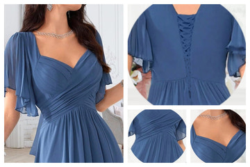 Square Neck Flutter Sleeve Chiffon Bridesmaid Dress - A-Line Floor Length Formal Evening Gown with Lace-Up Back for Wedding Guest & Party