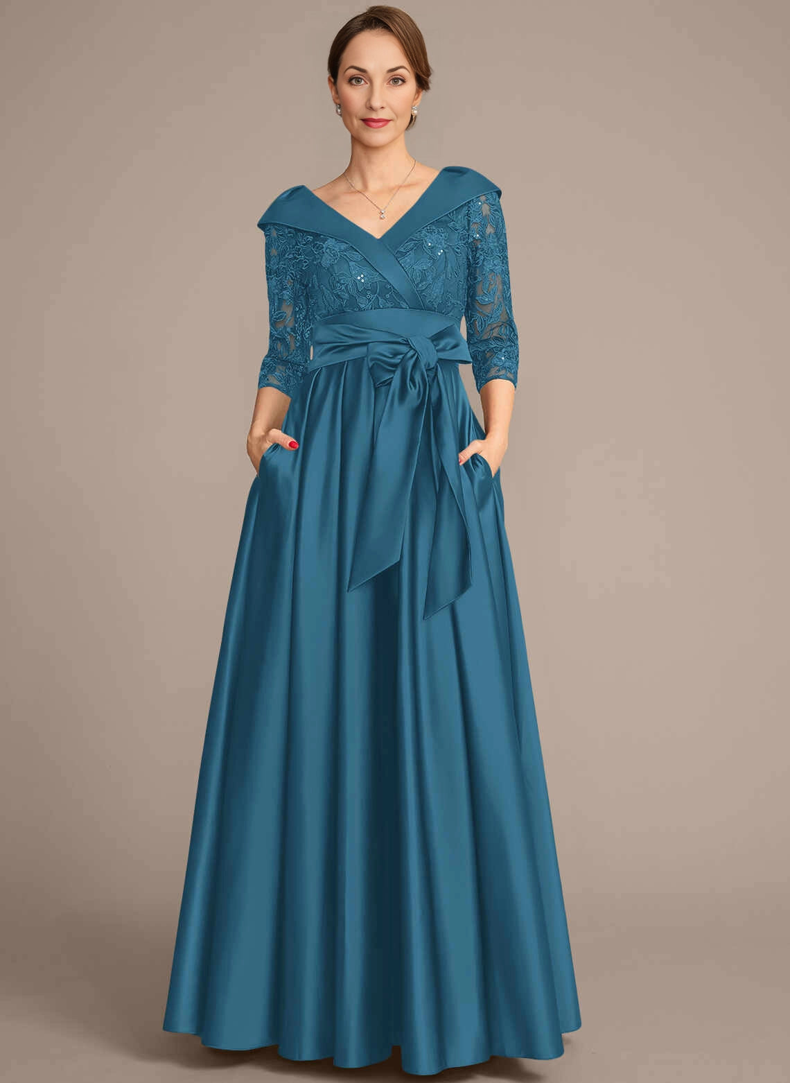 Elegant A‑Line V‑Neck 3/4 Sleeve Zipper‑Back Floor‑Length Mother Of The Bride Dress