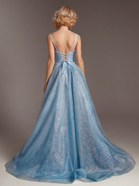 Women's V-Neck A-Line Princess Spaghetti Strap Sequin Ball Gown for Evening Formal Wedding Panel Waist Sparkle Prom Dress