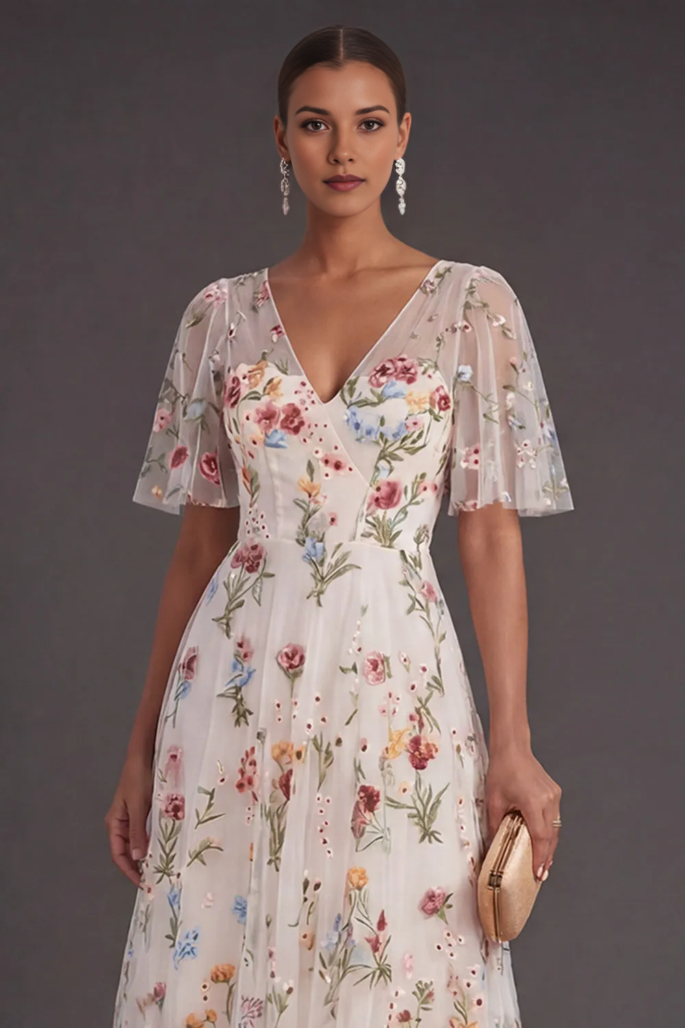 V-Neck Flutter Sleeve Floral Embroidered Tulle Midi A-Line Dress