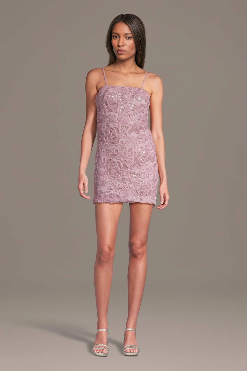 Vedress dusty pink 3d floral sequin spaghetti strap mini homecoming dress front view