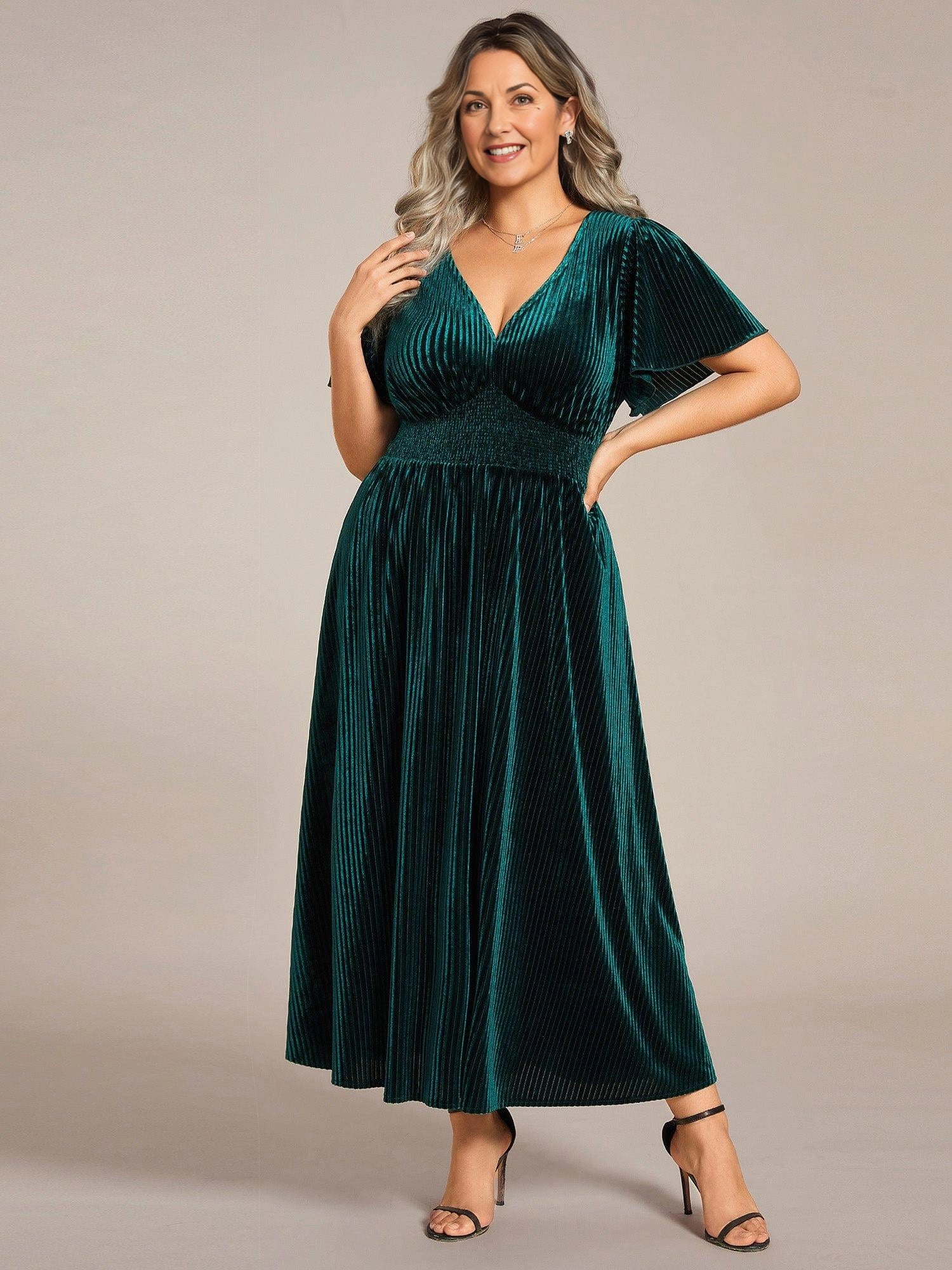 Rust‑Brown A‑Line V‑Neck Flutter‑Sleeve Plain‑Back Midi Mother Of The Bride Dress