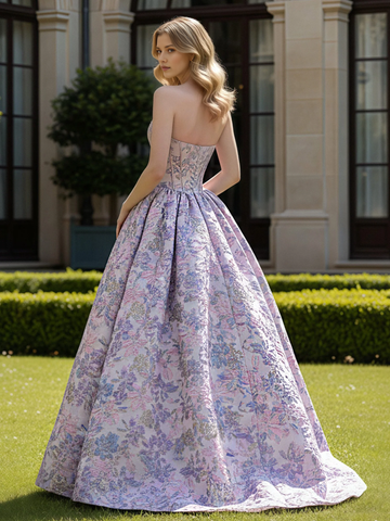 Strapless Floral Jacquard Ball Gown - Corset Bodice Formal Prom & Wedding Guest Dress