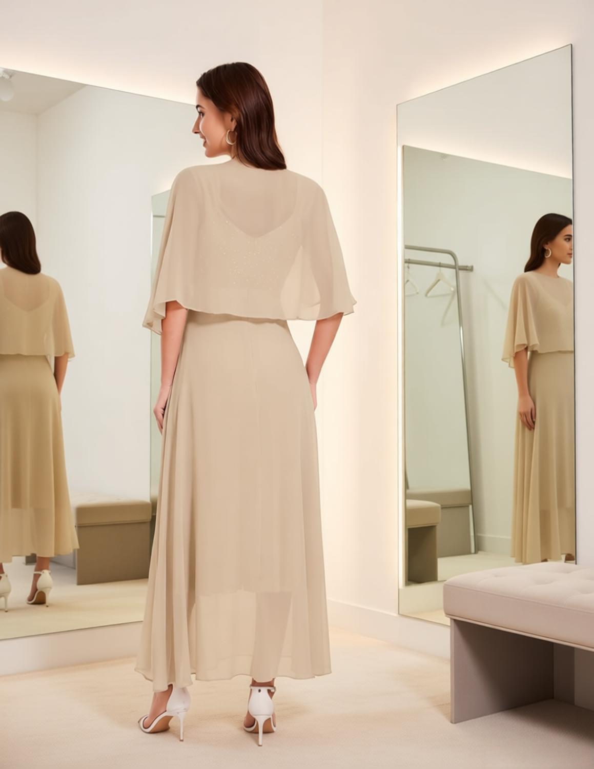 Champagne Chiffon Mother of the Bride Dress with Sheer Shawl - Ankle-Length Formal Gown for Wedding Guest