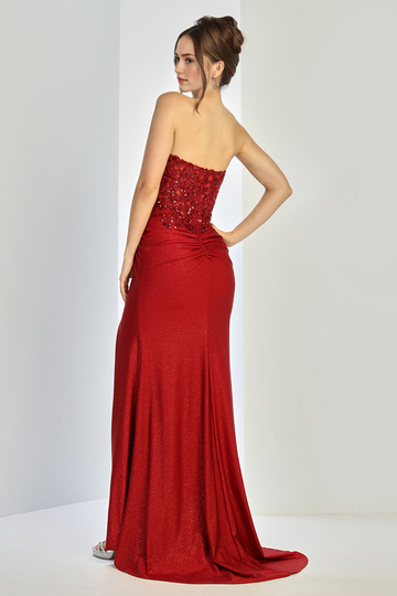 Vestido de noche largo con lentejuelas bordadas sin tirantes, formal, plisado, con abertura, brillante, para fiesta de graduación