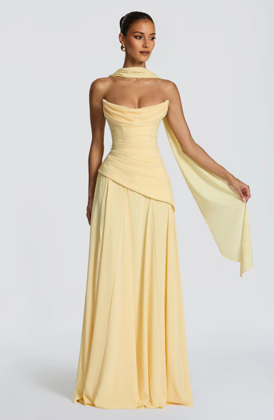 Strapless Cowl Neck Corset Back Chiffon Flowy Floor-Length Evening Dress with Detachable Scarf