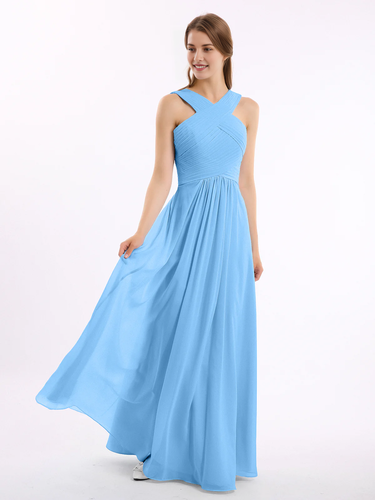 Crisscross Neck Pleated Bodice Flowy Chiffon A-Line Floor-Length Bridesmaid Evening Maxi Dress
