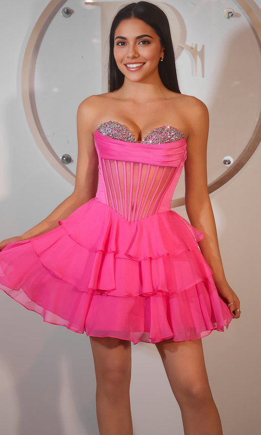 Elegant Sheer Corset Strapless Tiered Mini Homecoming Dress