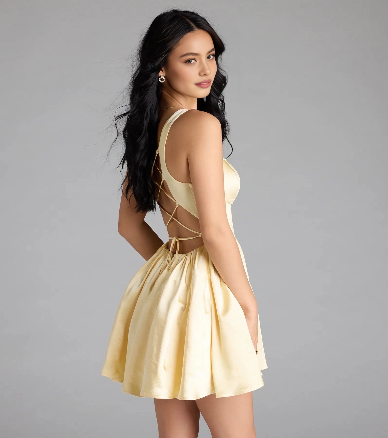 Vedress pale yellow criss cross lace up back swing mini homecoming party dress back detailed shot