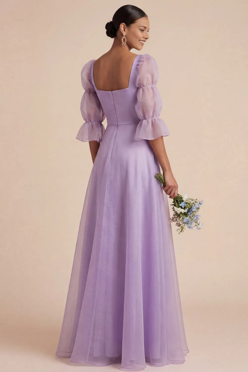 Square Neck Puff Organza Sleeve A-Line Tulle Bridesmaid Maxi Dress
