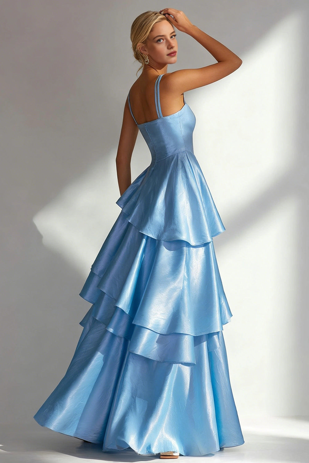 Vedress double thin strap open back shiny satin formal long gown back view